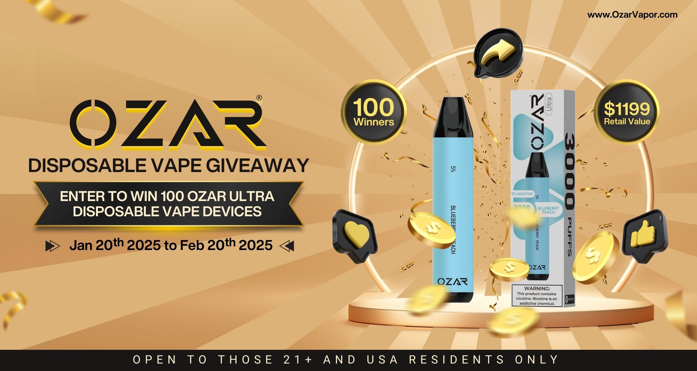 Sweepstakes - Enter to Win 100 OZAR Ultra Disposable Vape Device